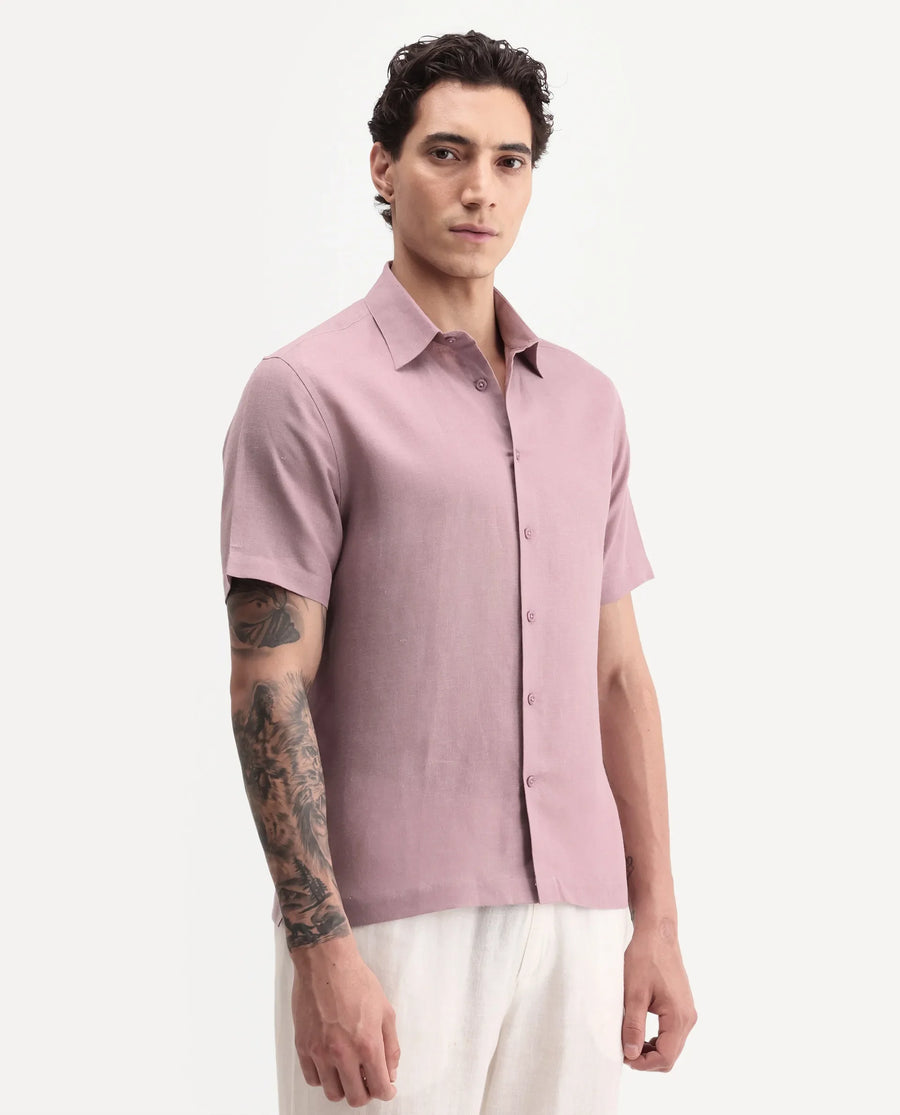 Rare Rabbit Men's Aerik Ss Dusky Pink Linen Blend Fabric Half Sleeve Spread Collar Button Regular Plain Shirt