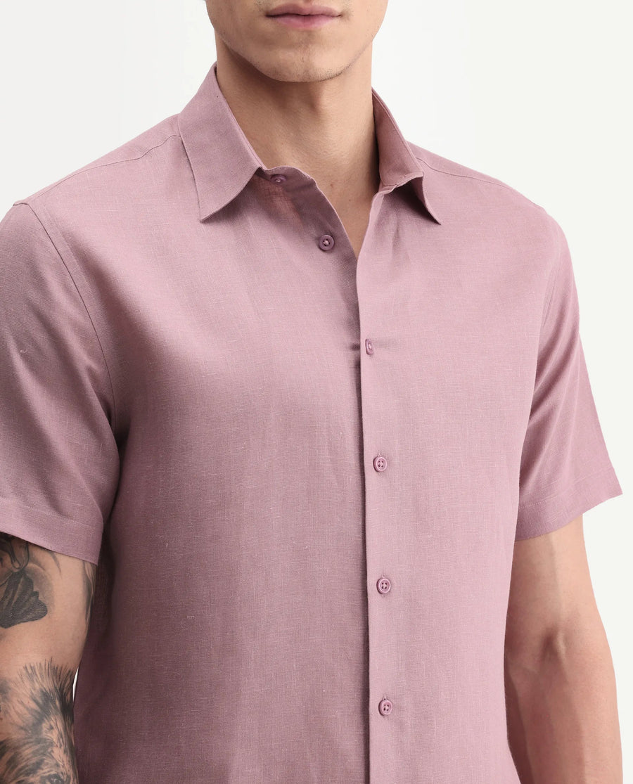 Rare Rabbit Men's Aerik Ss Dusky Pink Linen Blend Fabric Half Sleeve Spread Collar Button Regular Plain Shirt