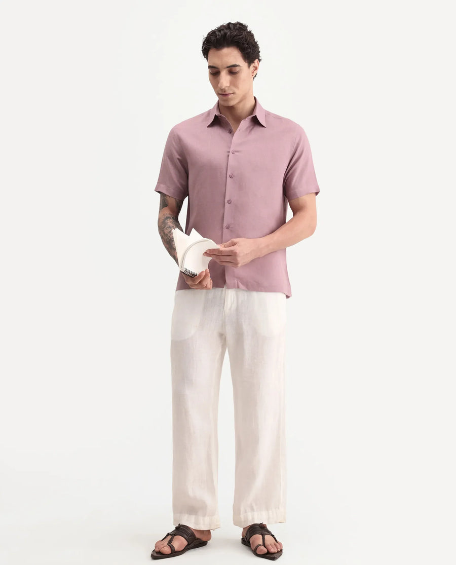 Rare Rabbit Men's Aerik Ss Dusky Pink Linen Blend Fabric Half Sleeve Spread Collar Button Regular Plain Shirt