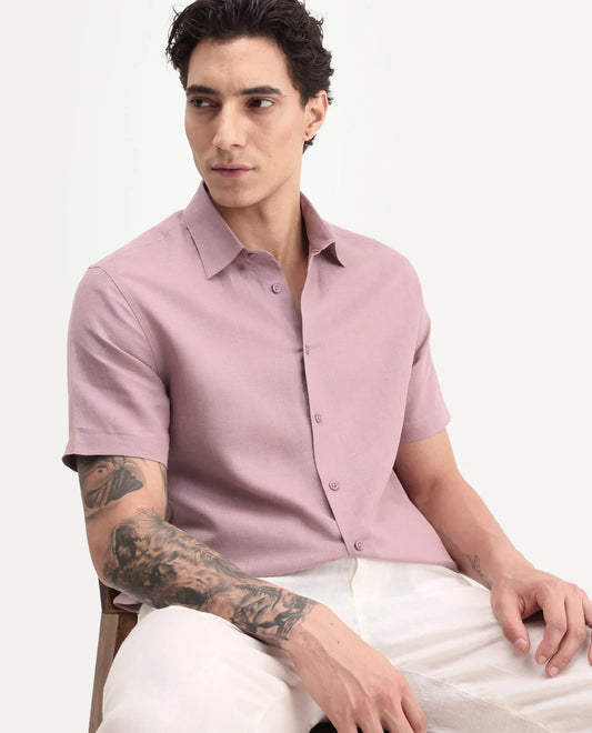 Rare Rabbit Men's Aerik Ss Dusky Pink Linen Blend Fabric Half Sleeve Spread Collar Button Regular Plain Shirt