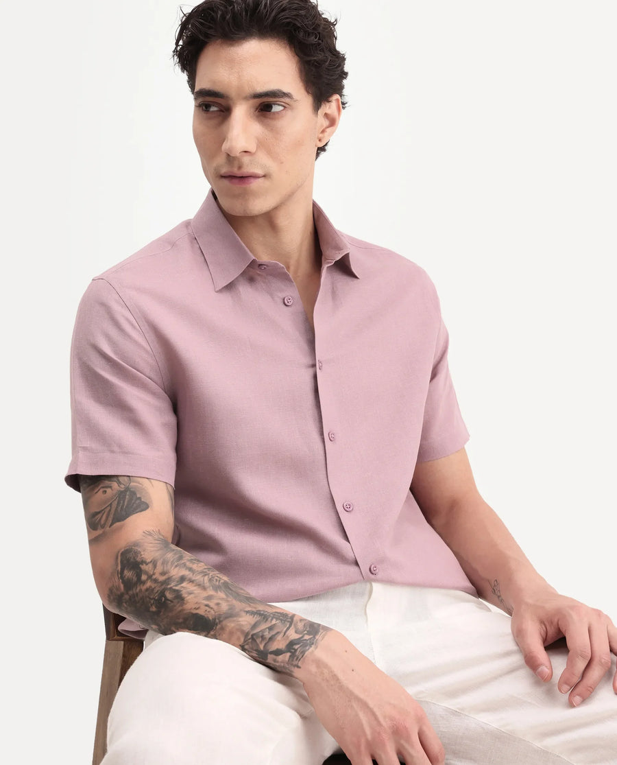 Rare Rabbit Men's Aerik Ss Dusky Pink Linen Blend Fabric Half Sleeve Spread Collar Button Regular Plain Shirt
