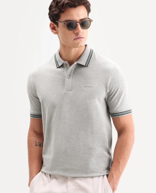Rare Rabbit Men's Zena Light Grey Cotton Blend Fabric Half Sleeve Spread Collar Regular Fit Plain Polo