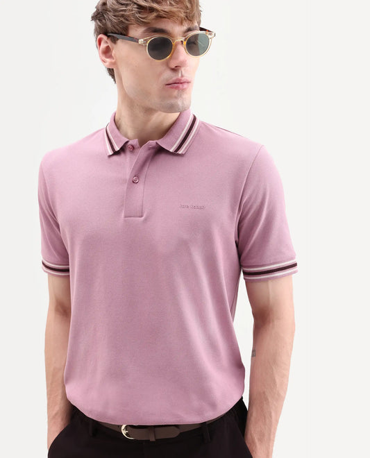 Rare Rabbit Men's Nega Dusky Pink Cotton Blend Fabric Half Sleeve Spread Collar Regular Fit Plain Polo
