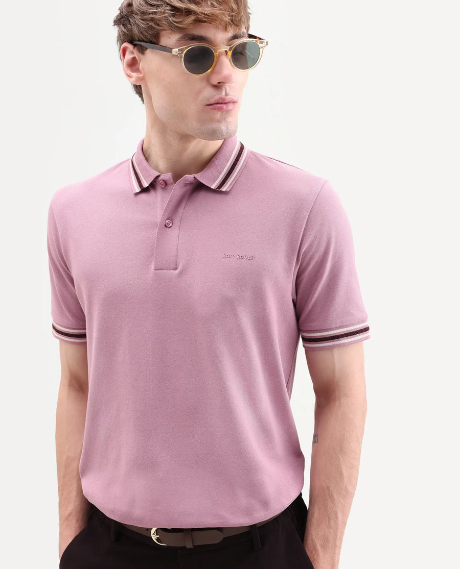 Rare Rabbit Men's Nega Dusky Pink Cotton Blend Fabric Half Sleeve Spread Collar Regular Fit Plain Polo