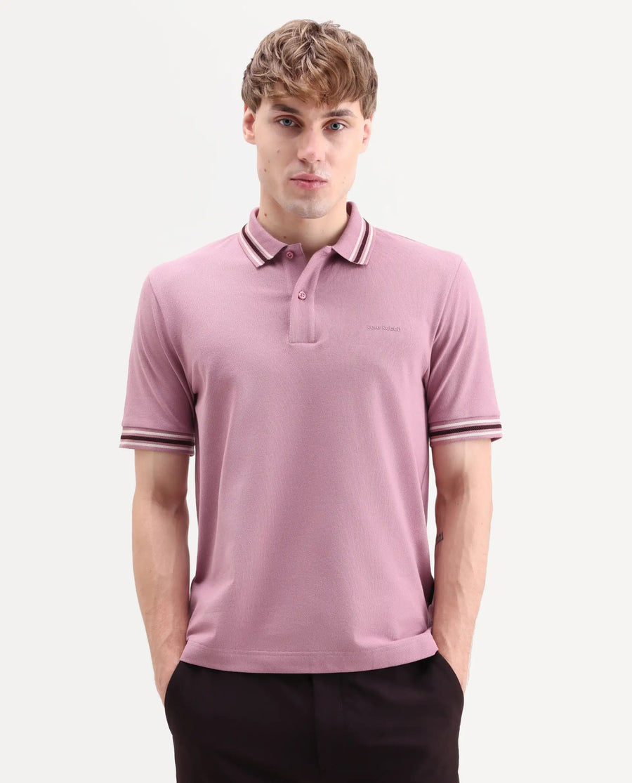 Rare Rabbit Men's Nega Dusky Pink Cotton Blend Fabric Half Sleeve Spread Collar Regular Fit Plain Polo