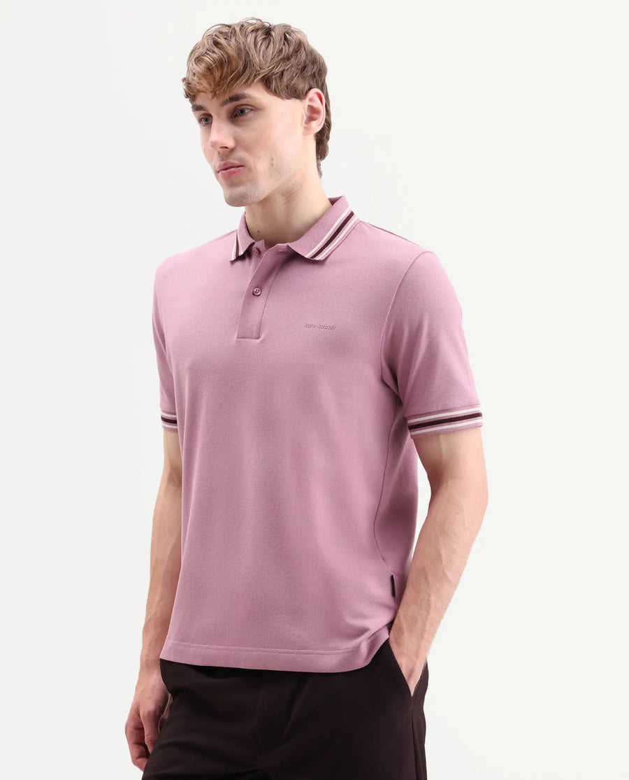 Rare Rabbit Men's Nega Dusky Pink Cotton Blend Fabric Half Sleeve Spread Collar Regular Fit Plain Polo