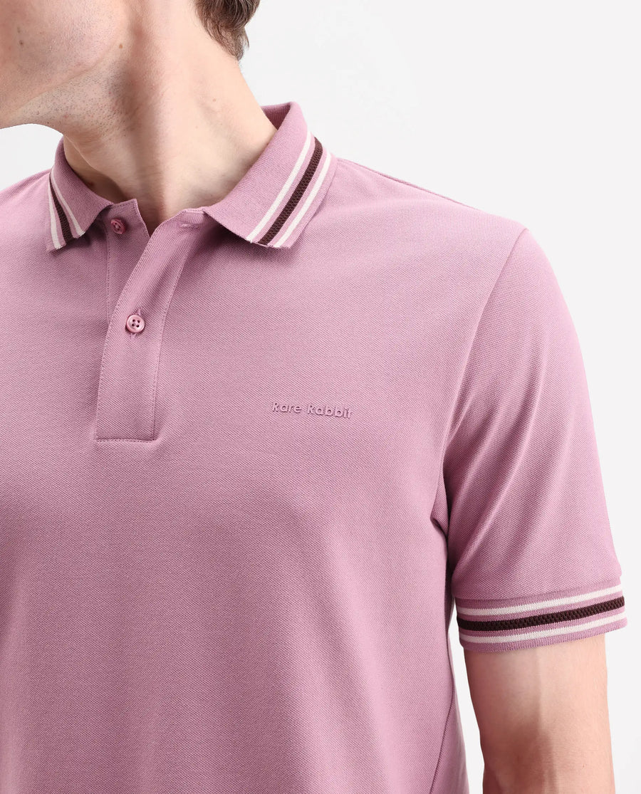 Rare Rabbit Men's Nega Dusky Pink Cotton Blend Fabric Half Sleeve Spread Collar Regular Fit Plain Polo