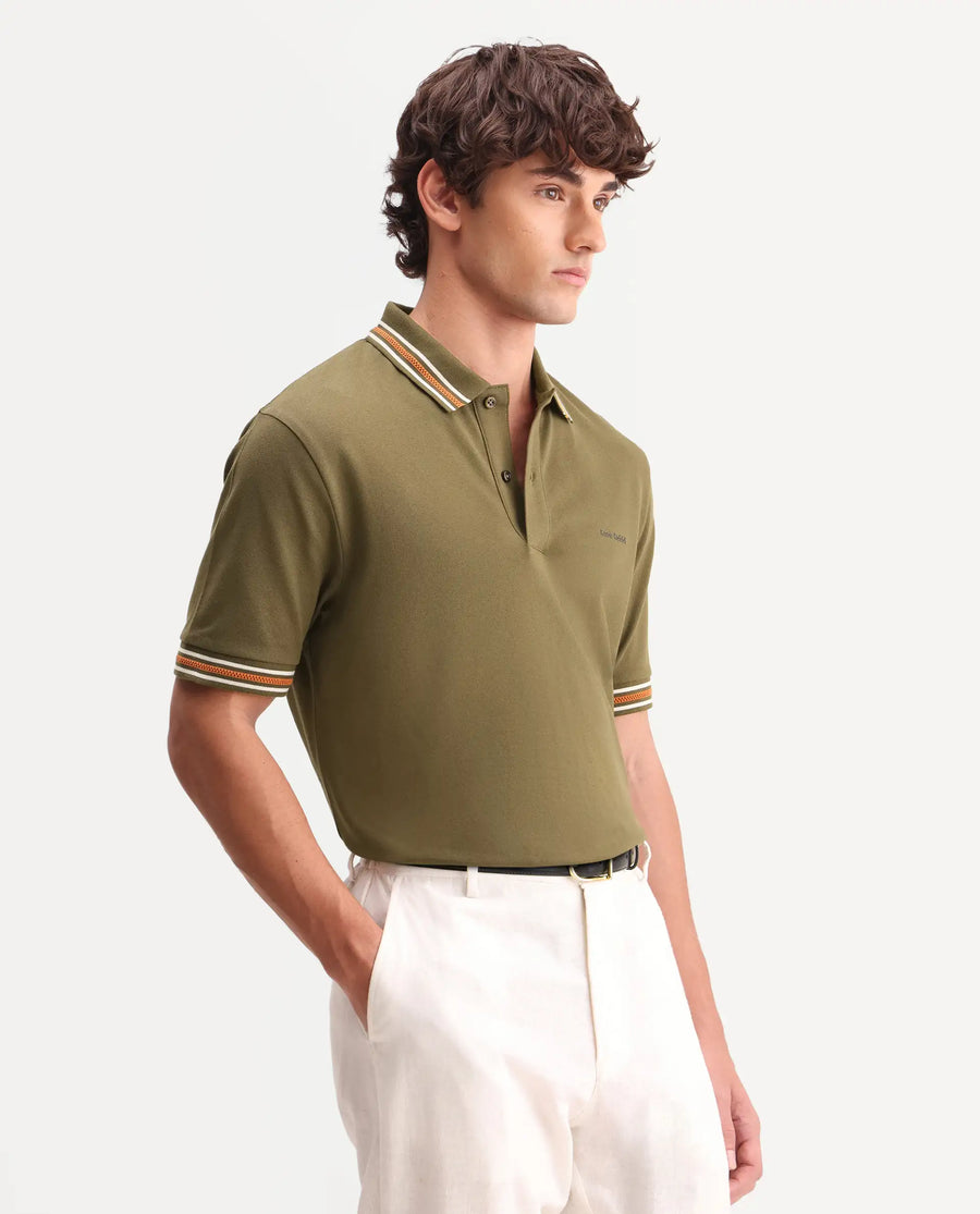 Rare Rabbit Men's Nega Olive Cotton Blend Fabric Half Sleeve Spread Collar Regular Fit Plain Polo
