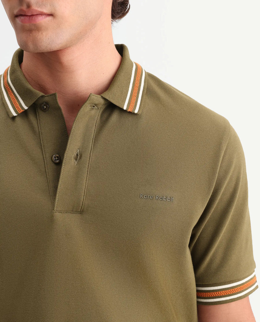 Rare Rabbit Men's Nega Olive Cotton Blend Fabric Half Sleeve Spread Collar Regular Fit Plain Polo