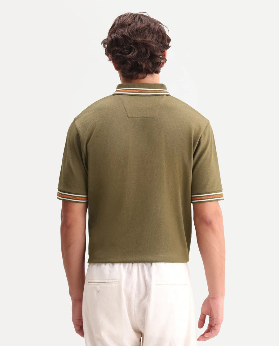 Rare Rabbit Men's Nega Olive Cotton Blend Fabric Half Sleeve Spread Collar Regular Fit Plain Polo
