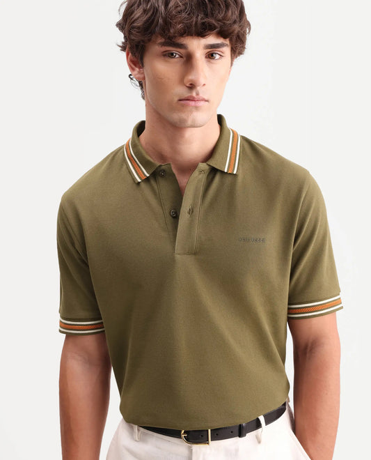 Rare Rabbit Men's Nega Olive Cotton Blend Fabric Half Sleeve Spread Collar Regular Fit Plain Polo