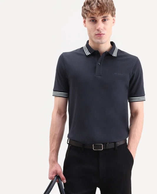 Rare Rabbit Men's Nega Navy Cotton Blend Fabric Half Sleeve Spread Collar Regular Fit Plain Polo