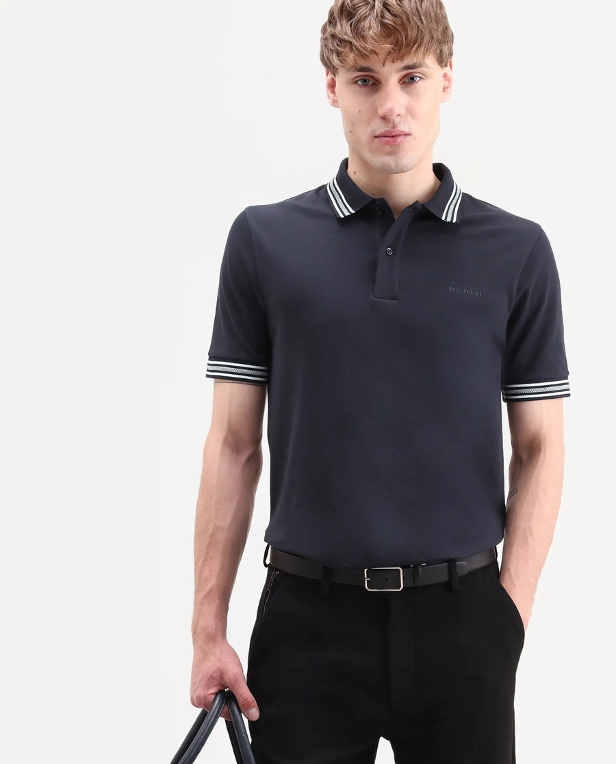 Rare Rabbit Men's Nega Navy Cotton Blend Fabric Half Sleeve Spread Collar Regular Fit Plain Polo