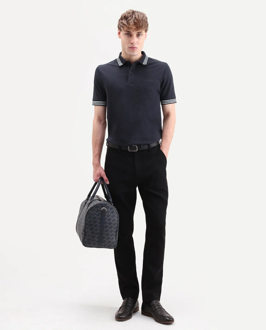 Rare Rabbit Men's Nega Navy Cotton Blend Fabric Half Sleeve Spread Collar Regular Fit Plain Polo
