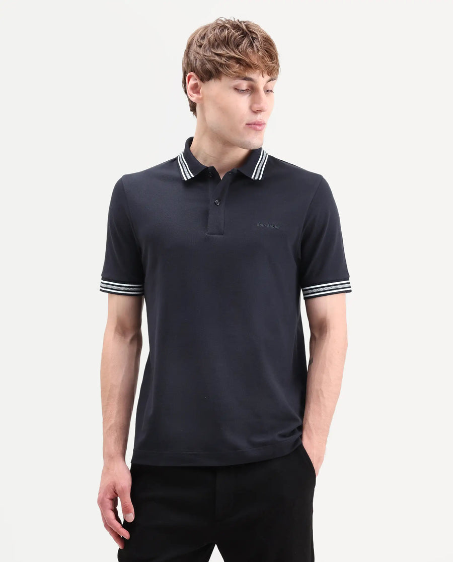 Rare Rabbit Men's Nega Navy Cotton Blend Fabric Half Sleeve Spread Collar Regular Fit Plain Polo