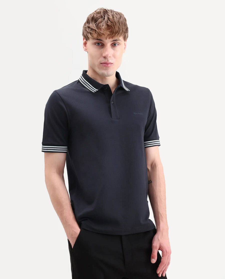 Rare Rabbit Men's Nega Navy Cotton Blend Fabric Half Sleeve Spread Collar Regular Fit Plain Polo