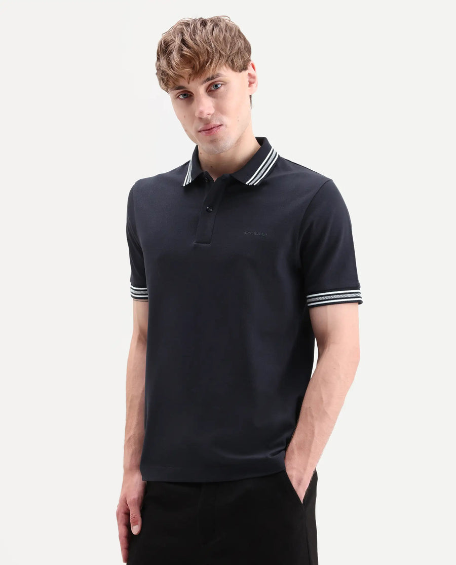 Rare Rabbit Men's Nega Navy Cotton Blend Fabric Half Sleeve Spread Collar Regular Fit Plain Polo