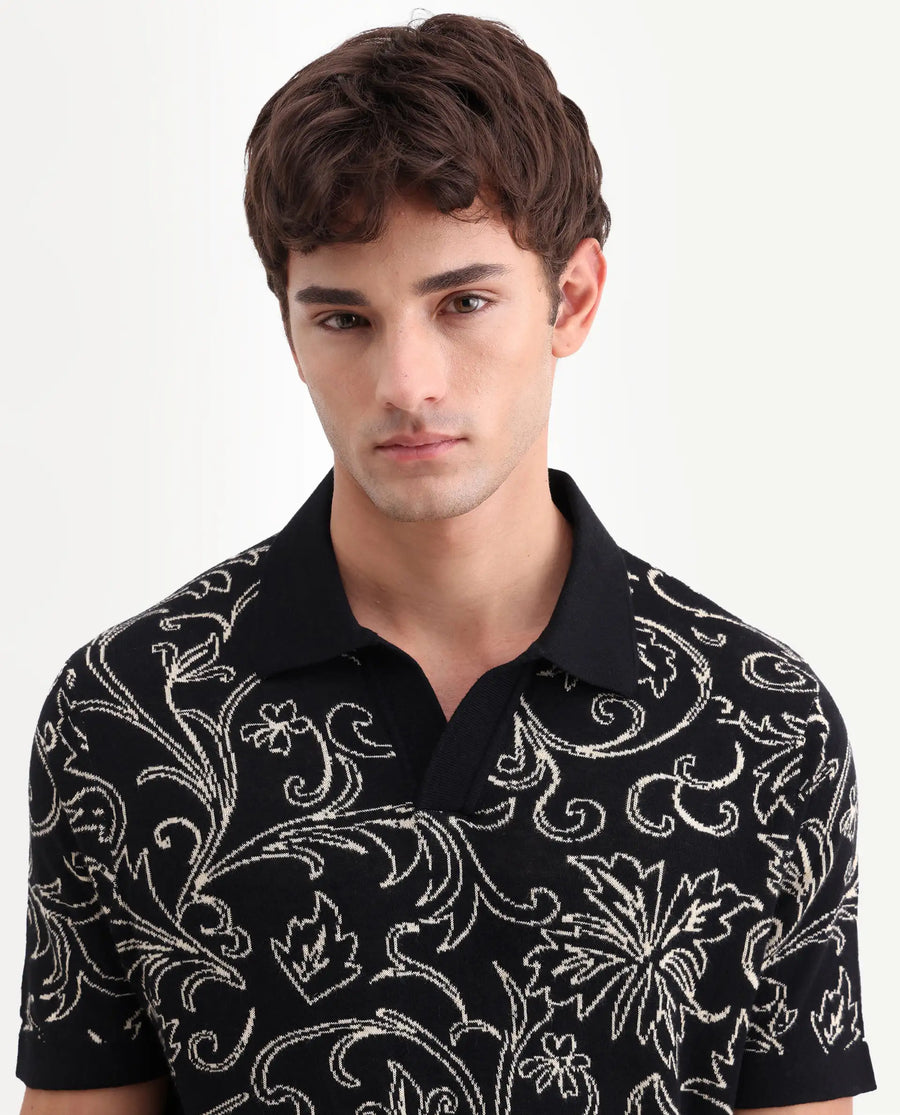 Rare Rabbit Men's Etao Black Cotton Blend Jonny Collar Regular Jacquard Polo