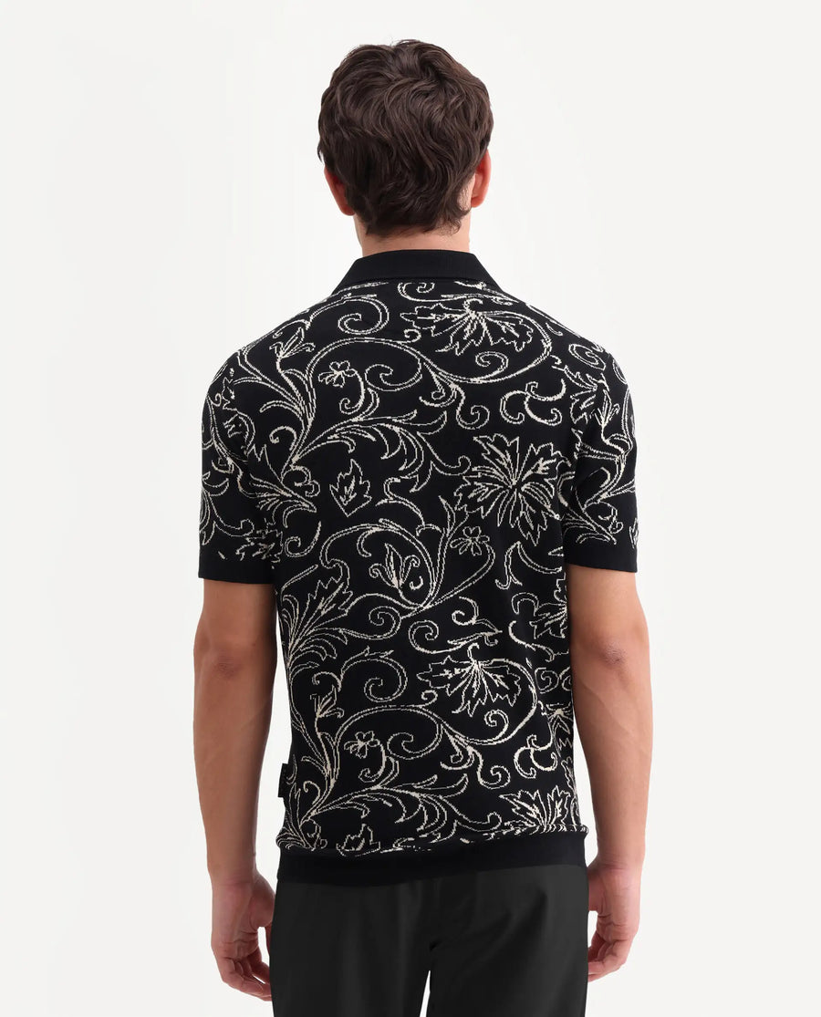 Rare Rabbit Men's Etao Black Cotton Blend Jonny Collar Regular Jacquard Polo