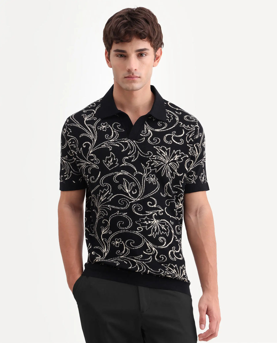 Rare Rabbit Men's Etao Black Cotton Blend Jonny Collar Regular Jacquard Polo