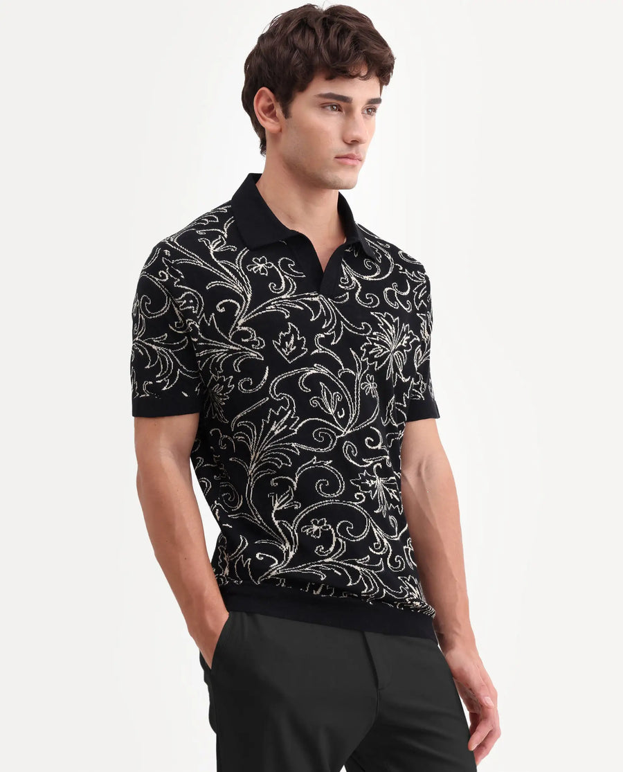 Rare Rabbit Men's Etao Black Cotton Blend Jonny Collar Regular Jacquard Polo
