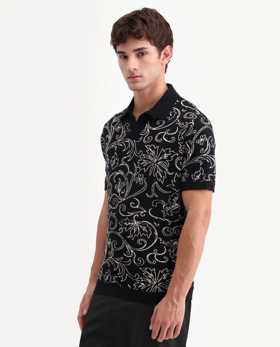 Rare Rabbit Men's Etao Black Cotton Blend Jonny Collar Regular Jacquard Polo