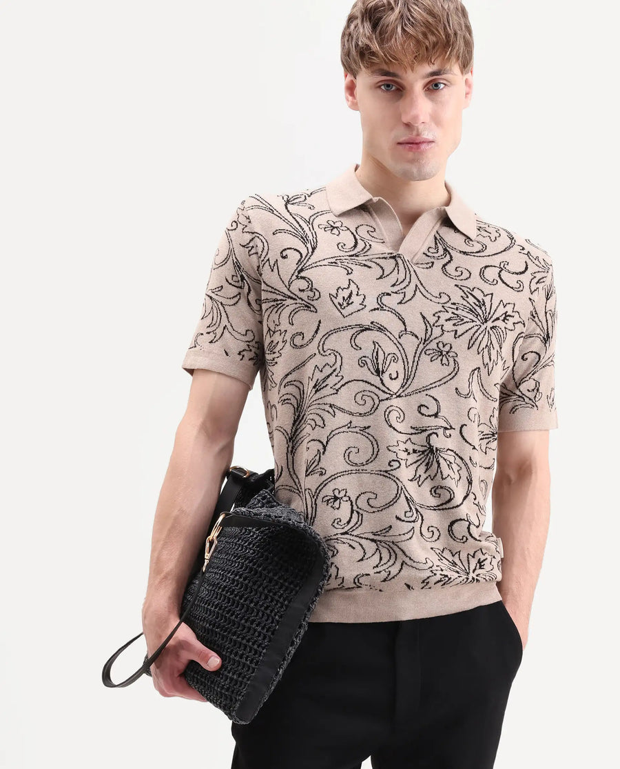 Rare Rabbit Men's Etao Beige Cotton Blend Jonny Collar Regular Jacquard Polo