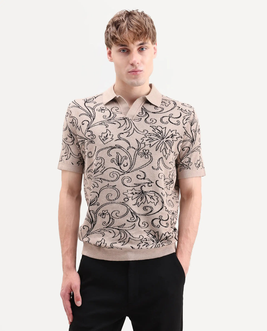 Rare Rabbit Men's Etao Beige Cotton Blend Jonny Collar Regular Jacquard Polo