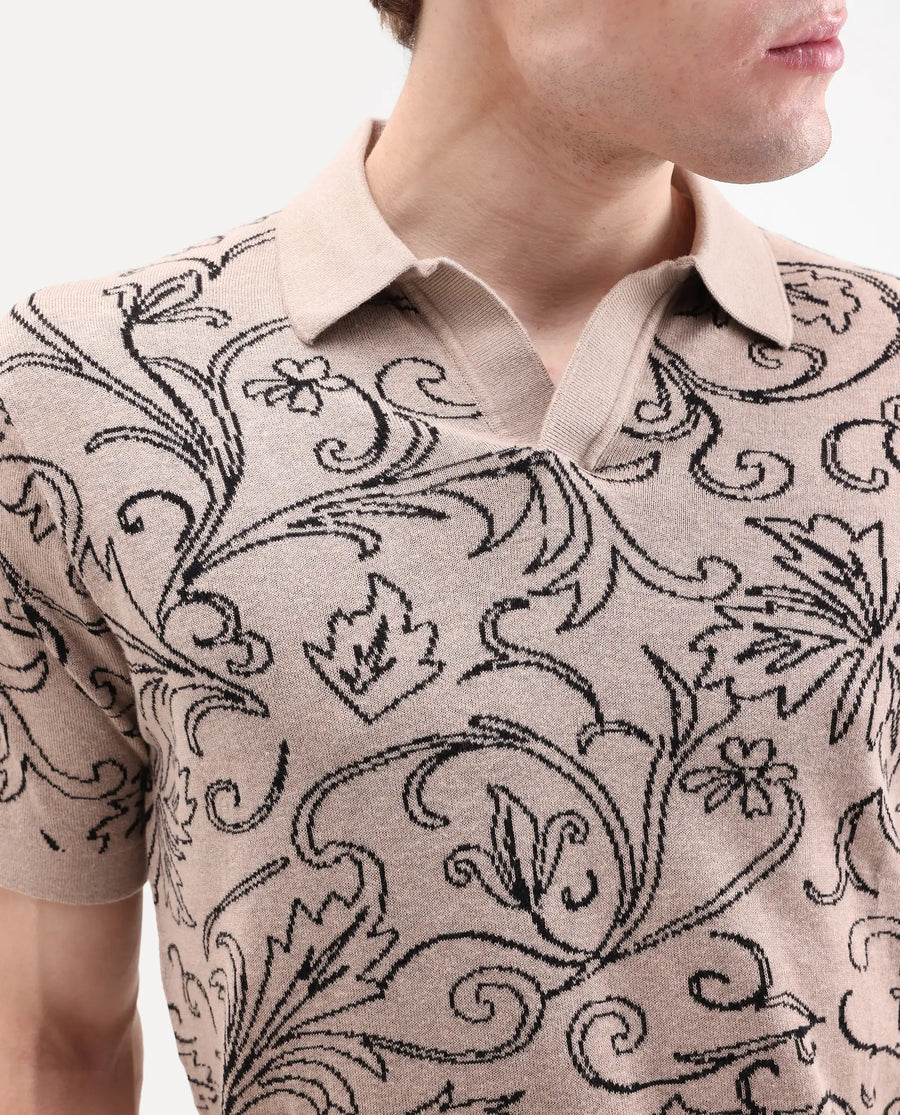 Rare Rabbit Men's Etao Beige Cotton Blend Jonny Collar Regular Jacquard Polo