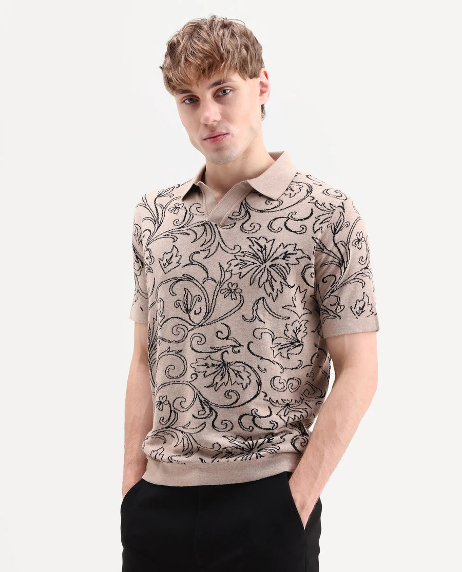 Rare Rabbit Men's Etao Beige Cotton Blend Jonny Collar Regular Jacquard Polo