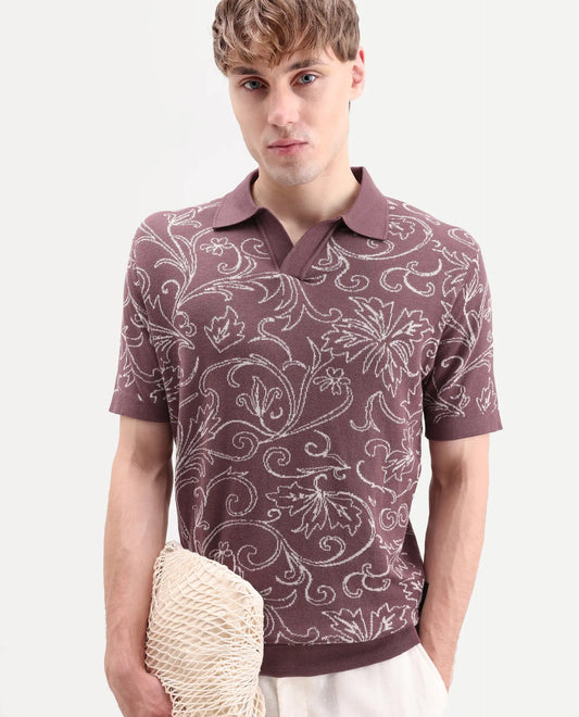 Rare Rabbit Men's Etao Brown Cotton Blend Jonny Collar Regular Jacquard Polo