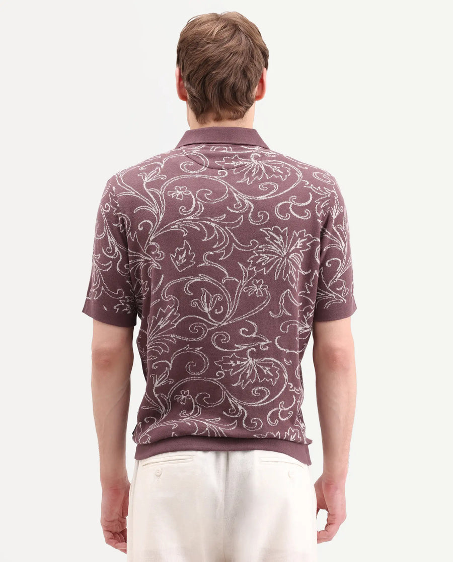 Rare Rabbit Men's Etao Brown Cotton Blend Jonny Collar Regular Jacquard Polo