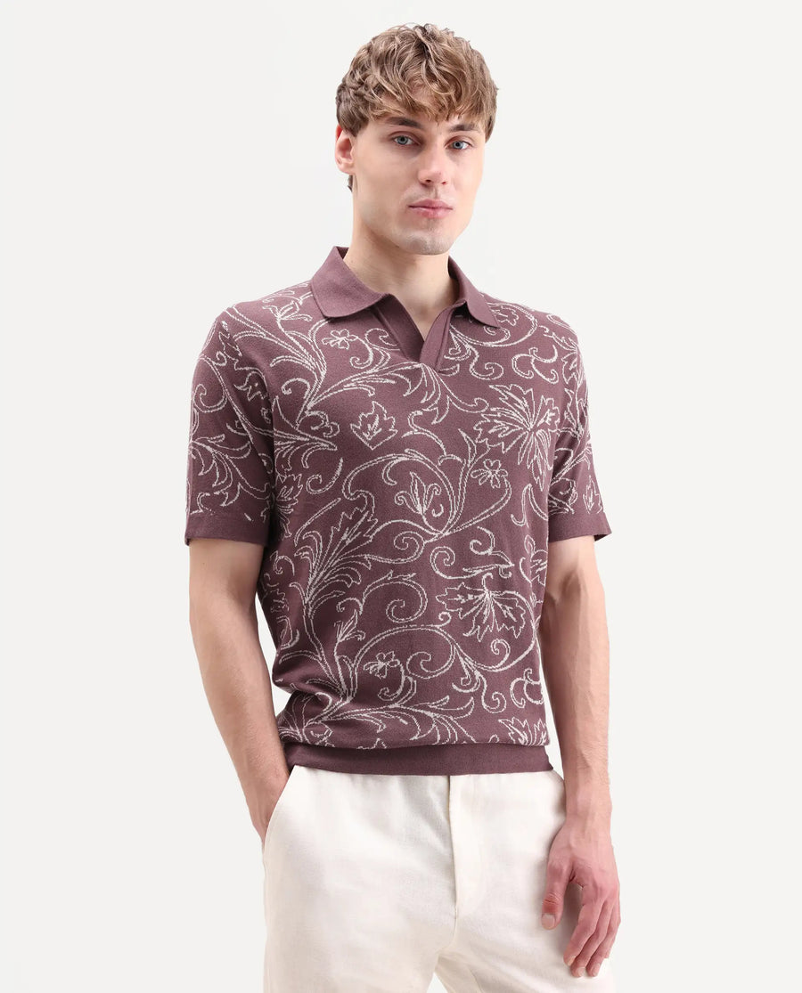 Rare Rabbit Men's Etao Brown Cotton Blend Jonny Collar Regular Jacquard Polo