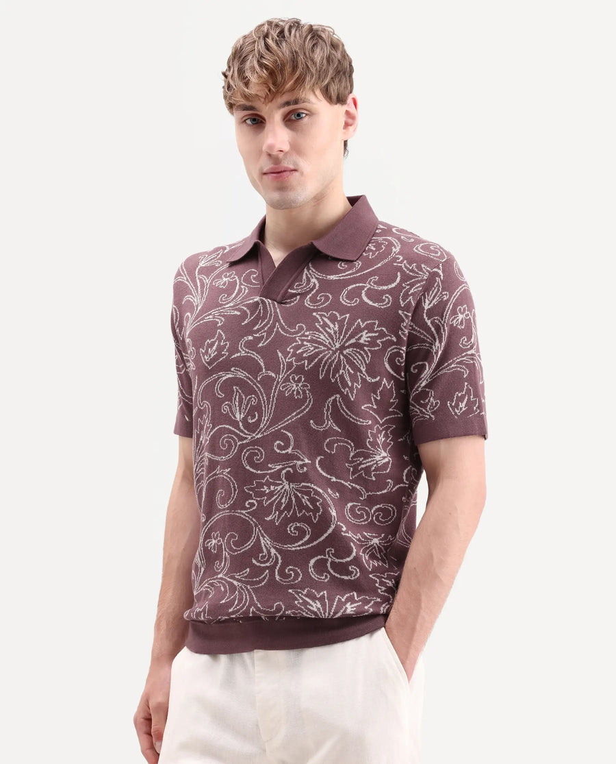 Rare Rabbit Men's Etao Brown Cotton Blend Jonny Collar Regular Jacquard Polo
