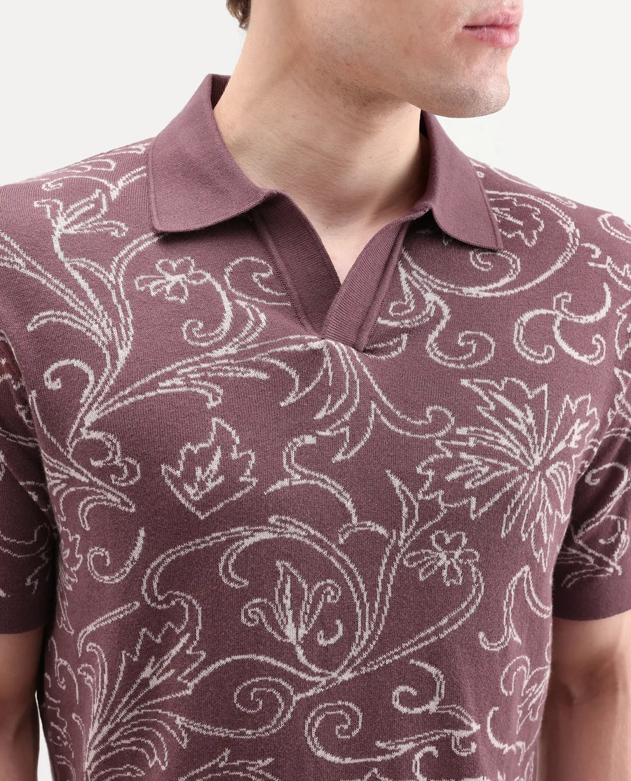 Rare Rabbit Men's Etao Brown Cotton Blend Jonny Collar Regular Jacquard Polo