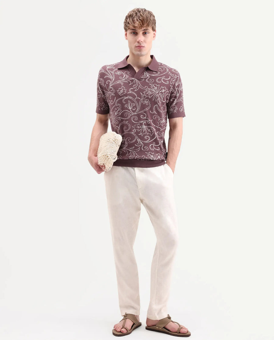 Rare Rabbit Men's Etao Brown Cotton Blend Jonny Collar Regular Jacquard Polo
