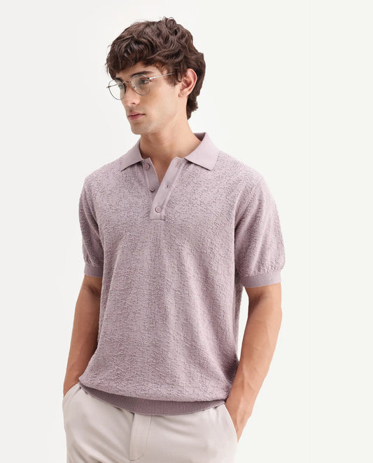 Rare Rabbit Men's Mont Dusky Purple Cotton Spread Collar Button Closure Regular Fit Textured Polo