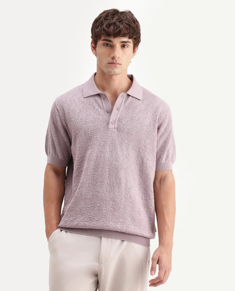 Rare Rabbit Men's Mont Dusky Purple Cotton Spread Collar Button Closure Regular Fit Textured Polo