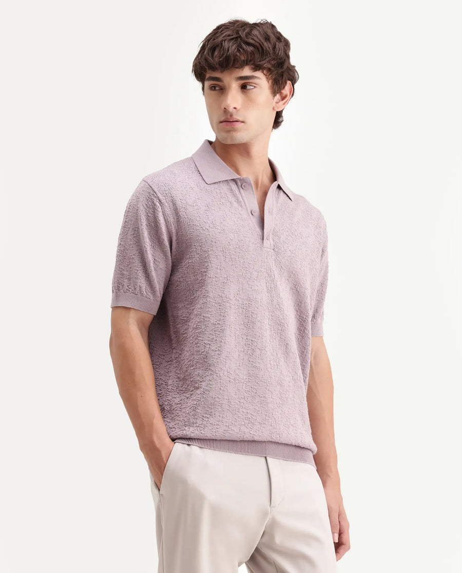 Rare Rabbit Men's Mont Dusky Purple Cotton Spread Collar Button Closure Regular Fit Textured Polo