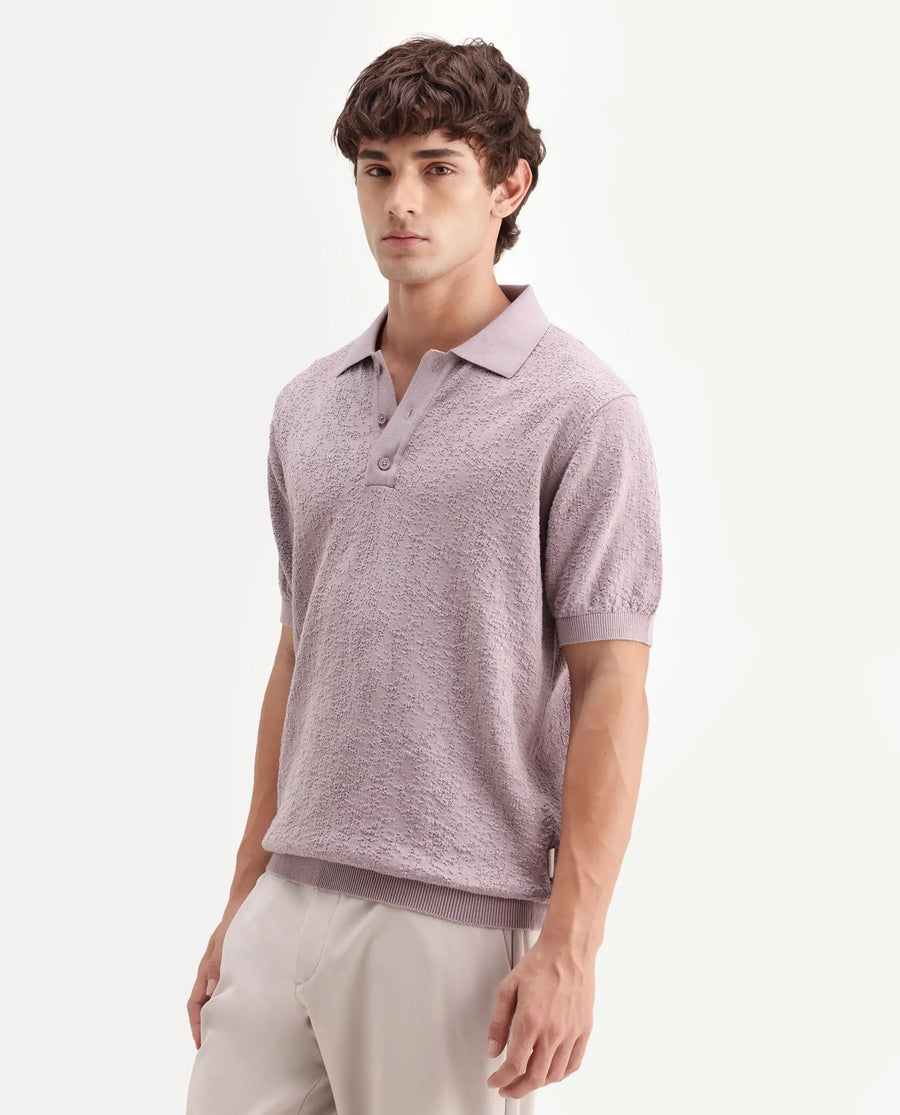 Rare Rabbit Men's Mont Dusky Purple Cotton Spread Collar Button Closure Regular Fit Textured Polo