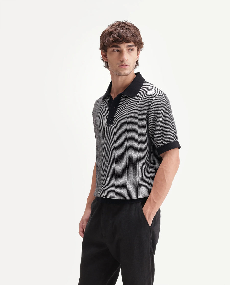 Rare Rabbit Men's Hof Black Cotton Spread Collar Button Regular Striped Polo