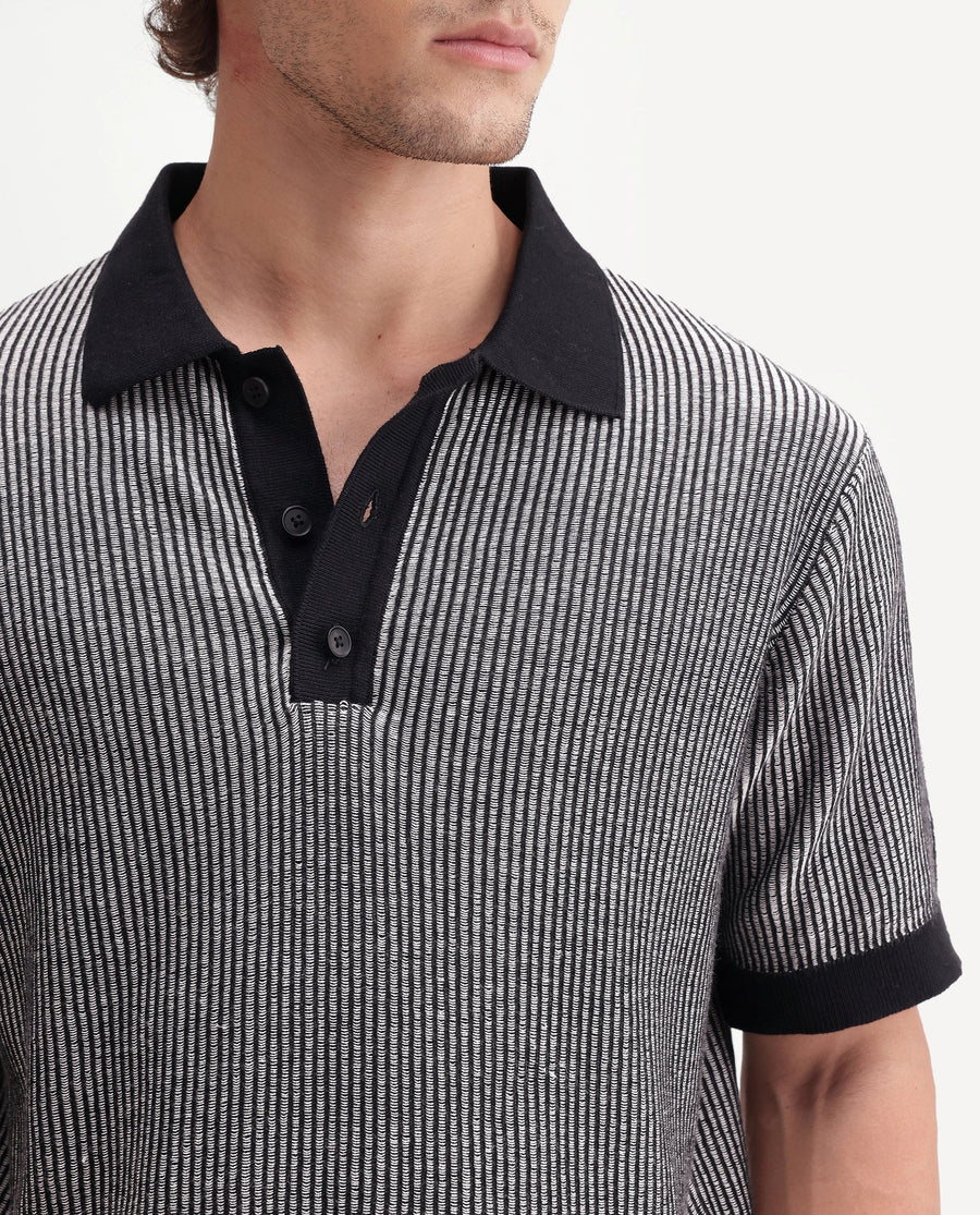 Rare Rabbit Men's Hof Black Cotton Spread Collar Button Regular Striped Polo