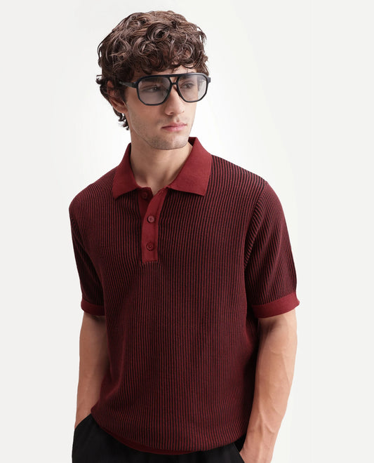 Rare Rabbit Men's Hof Dark Red Cotton Spread Collar Button Regular Striped Polo