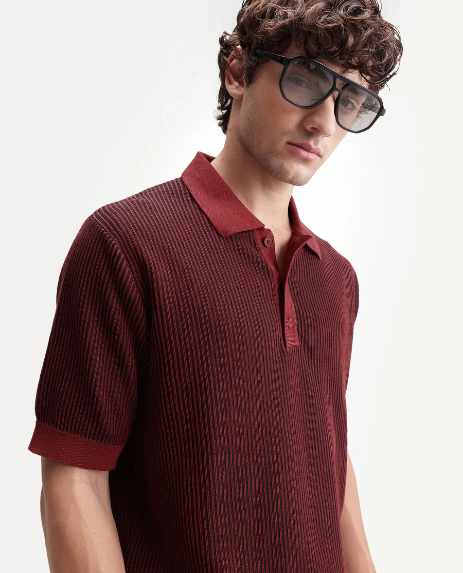 Rare Rabbit Men's Hof Dark Red Cotton Spread Collar Button Regular Striped Polo