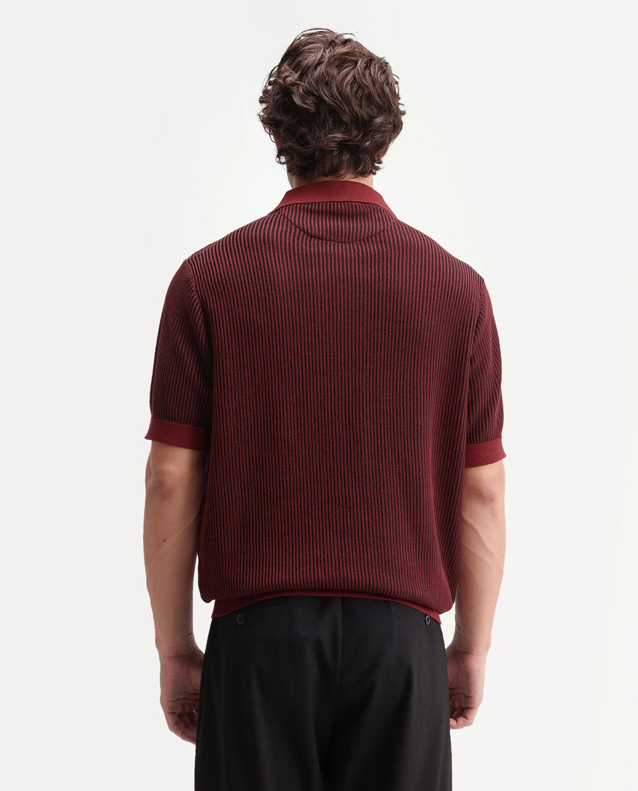 Rare Rabbit Men's Hof Dark Red Cotton Spread Collar Button Regular Striped Polo