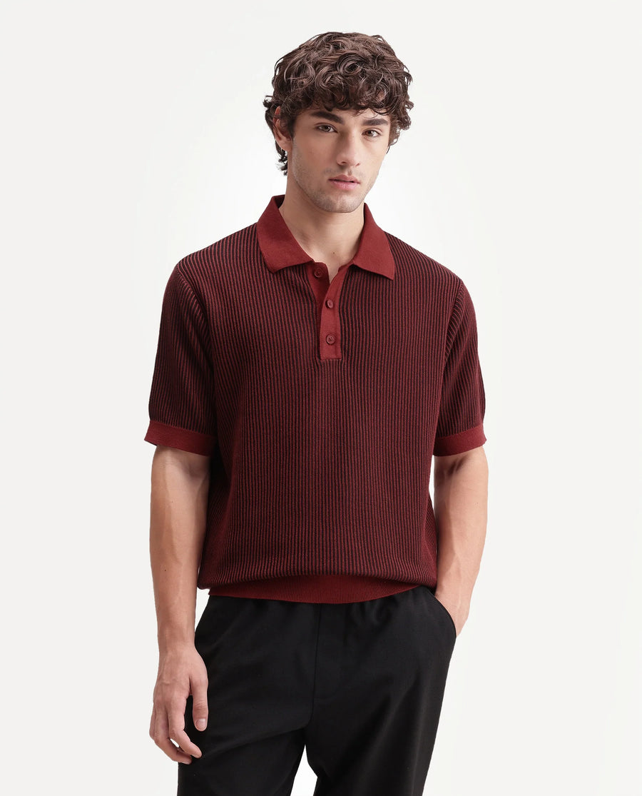 Rare Rabbit Men's Hof Dark Red Cotton Spread Collar Button Regular Striped Polo