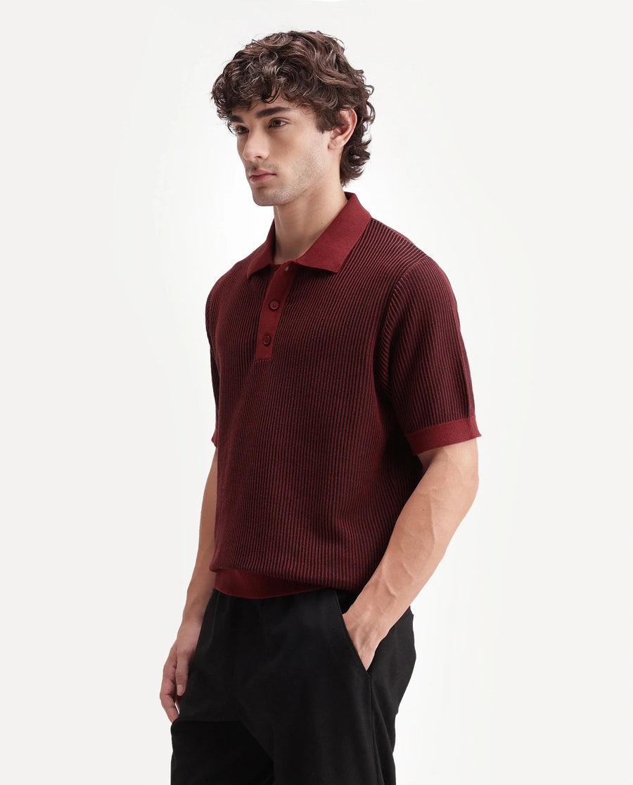 Rare Rabbit Men's Hof Dark Red Cotton Spread Collar Button Regular Striped Polo