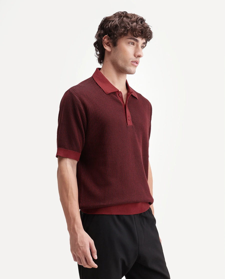 Rare Rabbit Men's Hof Dark Red Cotton Spread Collar Button Regular Striped Polo