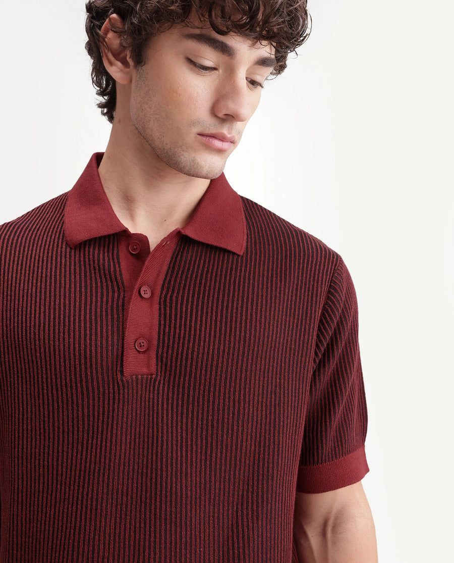 Rare Rabbit Men's Hof Dark Red Cotton Spread Collar Button Regular Striped Polo
