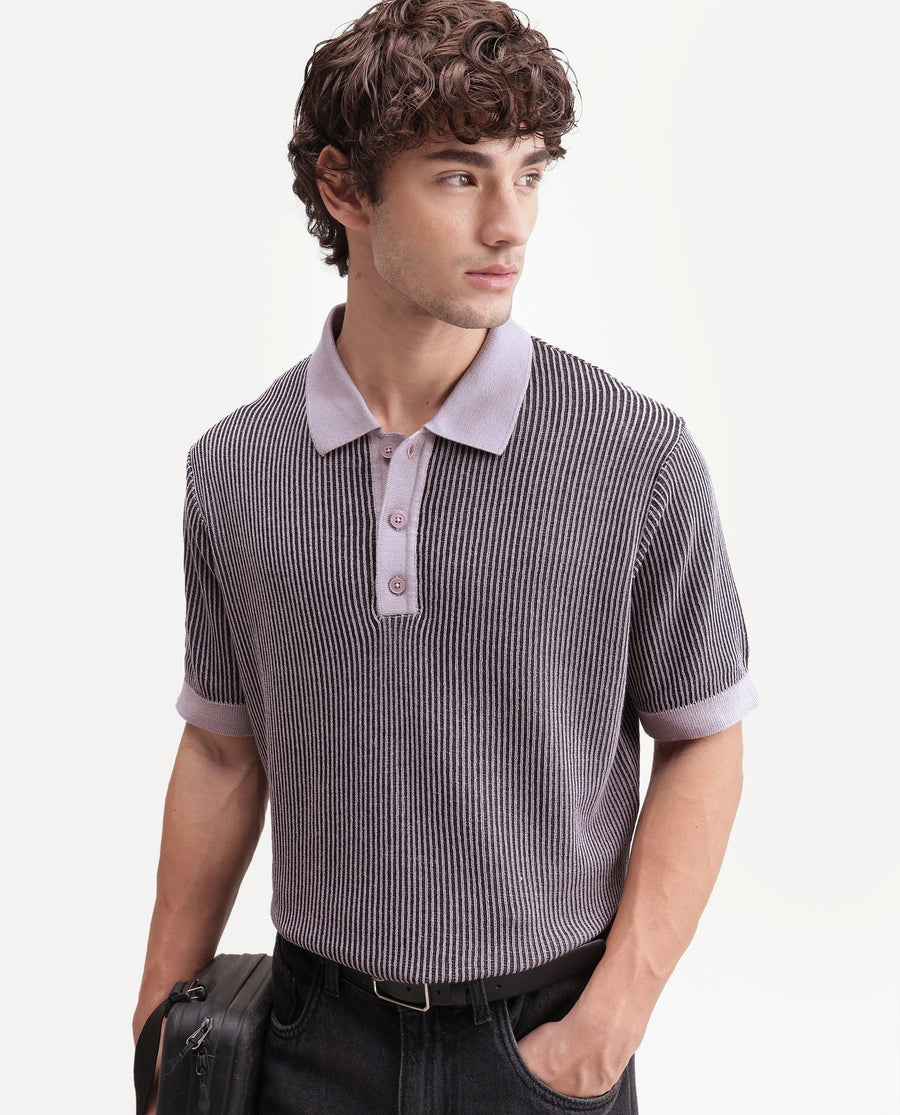 Rare Rabbit Men's Hof Dusky Purple Cotton Spread Collar Button Regular Striped Polo